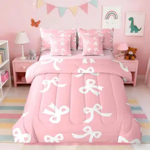 Bowknot Comforter Set with Sheets Dreamy Princess Style Bed in a Bag Bow Tie Butterfly Knot Princes 7 Pieces Bedding Set Cute Bow Bed Set Dark Pink