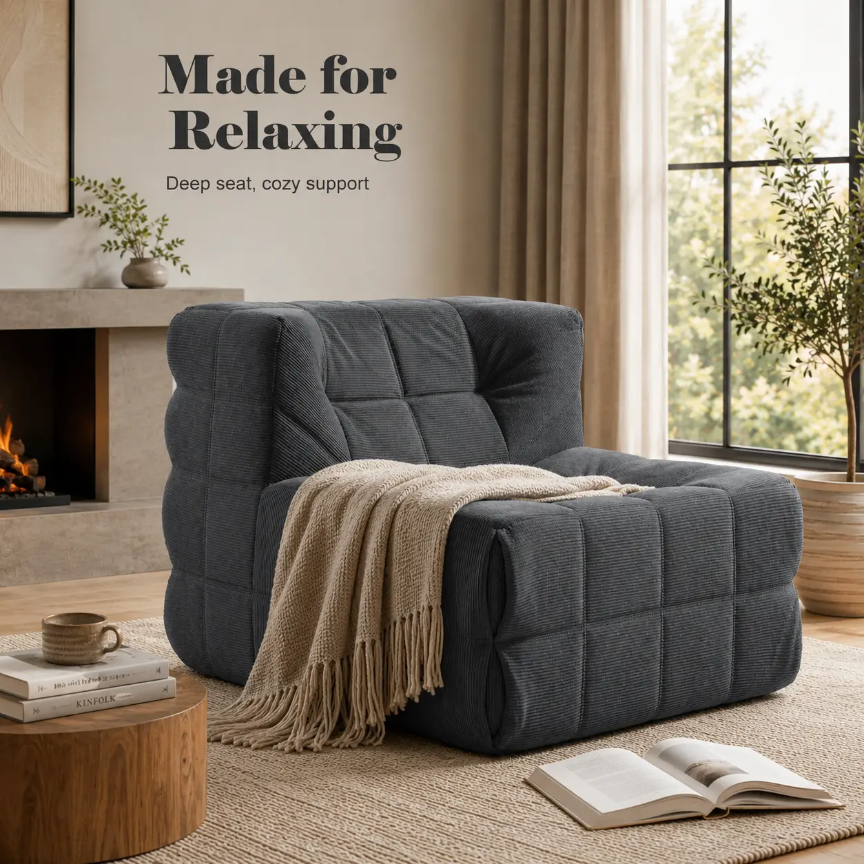 Compressed corduroy single-seater sofa—portable and comfortable. This cozy, laid-back floor sofa is perfect for bedrooms, living rooms, and outdoor use.