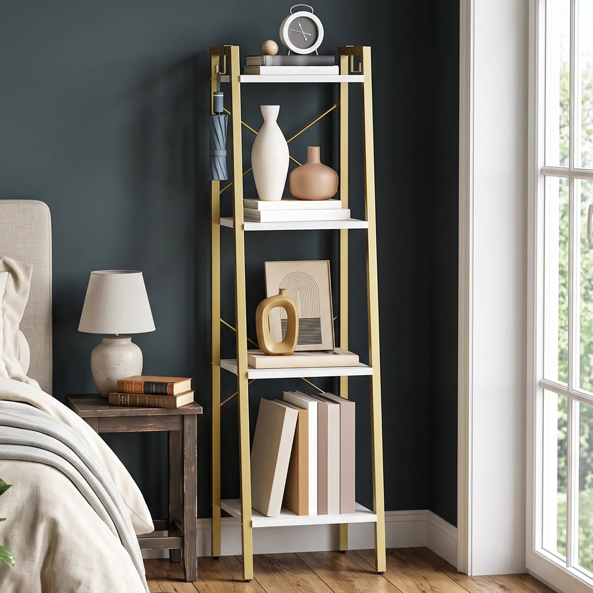 Hzuaneri Industrial Freestanding Corner Ladder Shelf - Book Nook, Home Library, Vertical Organizer Stand, Multi-Level Open Shelving Living Room Furniture with 2 Hooks for Home Office, Kitchen, Bedroom