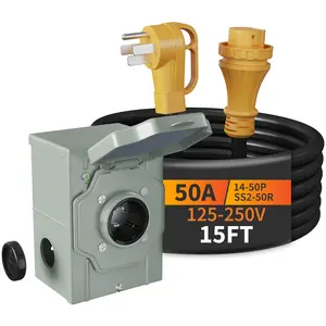 50 ampere 25FT generator wire and power inlet box kit, NEMA 14-50P male to SS2-50R STW 6/3+8/1 AWG 125/250V twist lock connector, with pre drilled NEMA SS2-50P inlet box, ETL certified