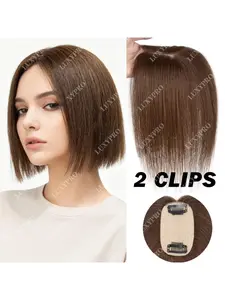 Real Human Hair Toppers Extensions for Women - Real Human Hair Topper with 2 Clip- Lightweight Extensions, Bob Hair, 5x9cm Base, Black/Brown/Blonde/White & Grey, Breathable Mesh, Hides Bald Spots or White Hair, Increases Hair Volume, Easy to Wear.
