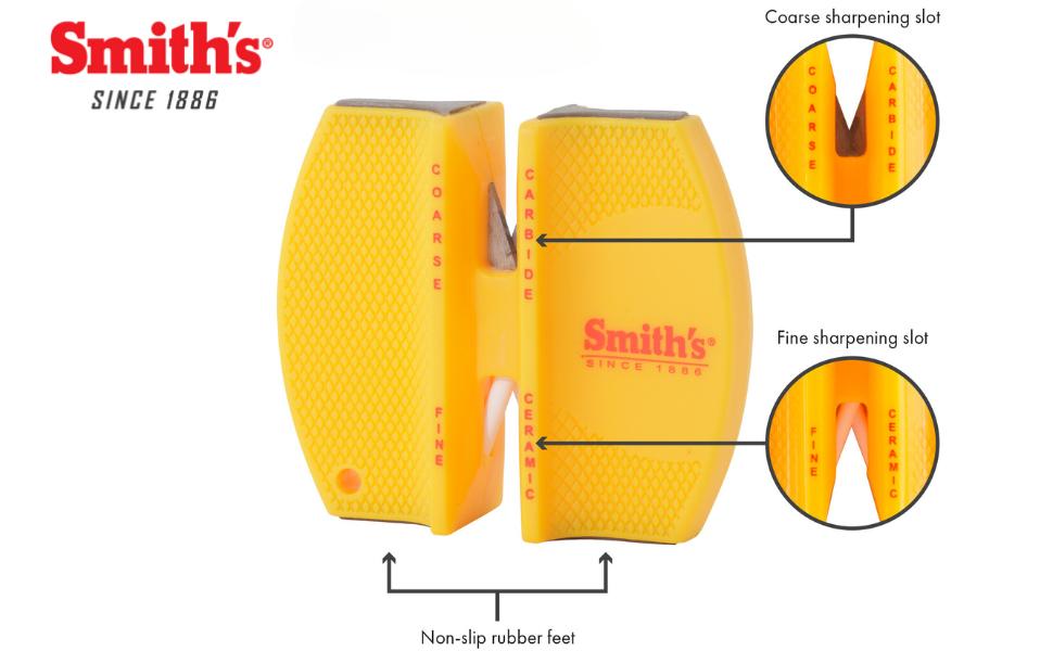 Smith's CCKS 2-Step Knife Sharpener - Yellow - 2-Step Preset Coarse & Fine Slots - Outdoor Handheld Knife Sharpener - Fishing, Hunting, Fillet, Pocket Knives - Compact Plastic Portable Keychain Tool