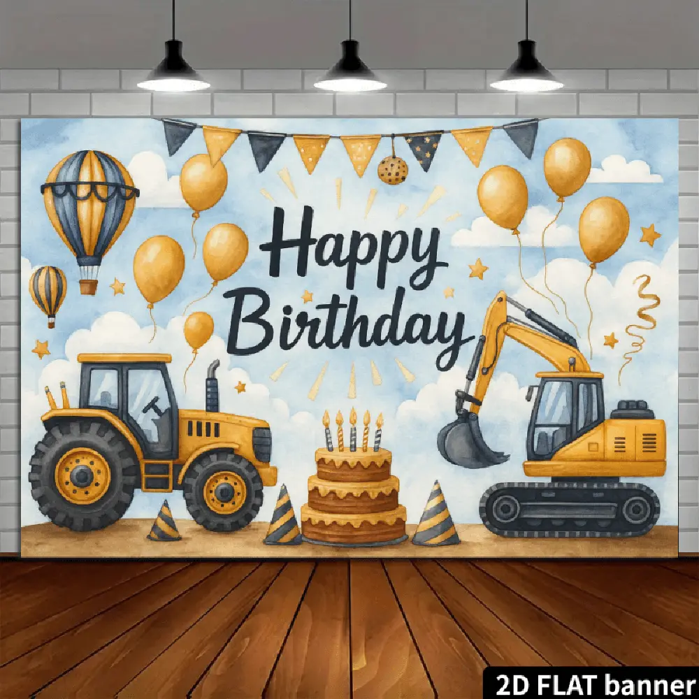 2D Flat Banner Polyester Birthday Party Photography Backdrop - HD Digitally Printed, Soft Lightweight Foldable Cloth with Construction Tractor, Excavator Theme, Yellow Balloons, Cake, "Happy Birthday" Message, Birthday Party Backdrop