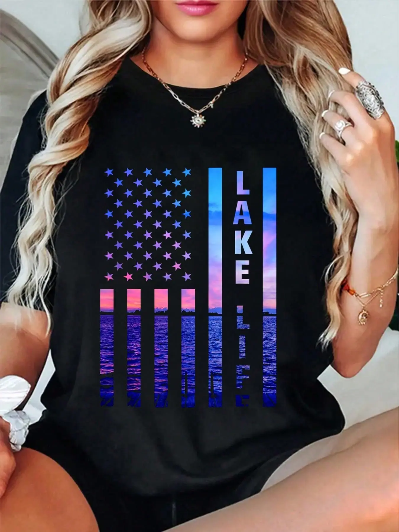 Lake Life American Dock Sunset Wakeboarder Power Boat-Shirt Summer Outfits Women Shirts Women Graphic  Women beach tees