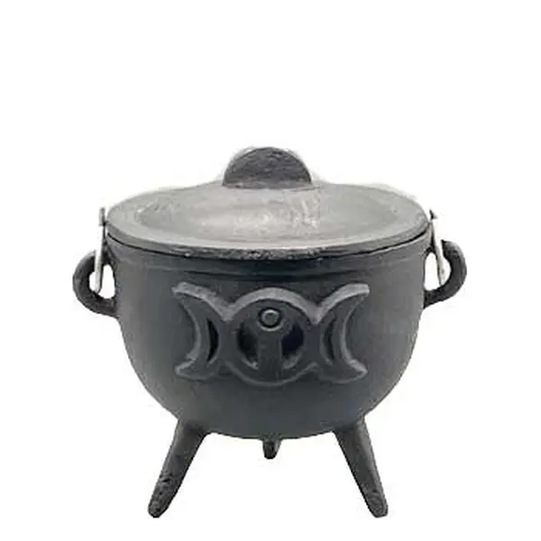 Triple Moon Cast Iron Cauldron with Lid — 4.5" Goddess Symbol Altar Vessel