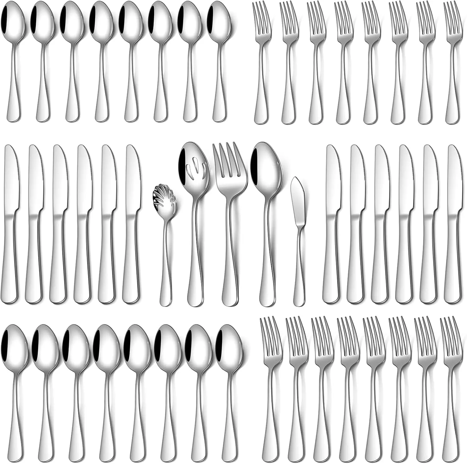 45-Piece Food-Grade Stainless Steel Cutlery Set for 8, Classic Cut Tableware with Serving Utensils, Mirror Polished, Dishwasher Safe for Home/Hotel