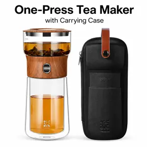 ZENS Modern 9oz Double-Wall Stainless Steel Glass Tea Infuser Bottle, Wooden Accent, Carrying Case, Portable Loose Leaf Separator Cup, Tea Making Tool for Office & Travel, Ideal for Birthdays & Holidays