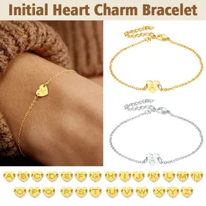 FindChic 26 Letters Heart Charm Bracelet Cute Initial Bracelet Beach Summer Jewelry for Girls Stainless Steel Capital Initials Alphabet 26 Letter A to Z Jewelry For Women Girlfriend