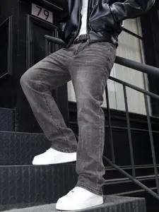 Men's Classic Vintage Washed Straight Leg Jeans, Casual Fitted Long Pants, All Seasons Street Style Denim