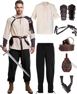 8 count Men's Renaissance Costume Halloween Medieval Pirate Shirt Pant  Costume Accessories Set