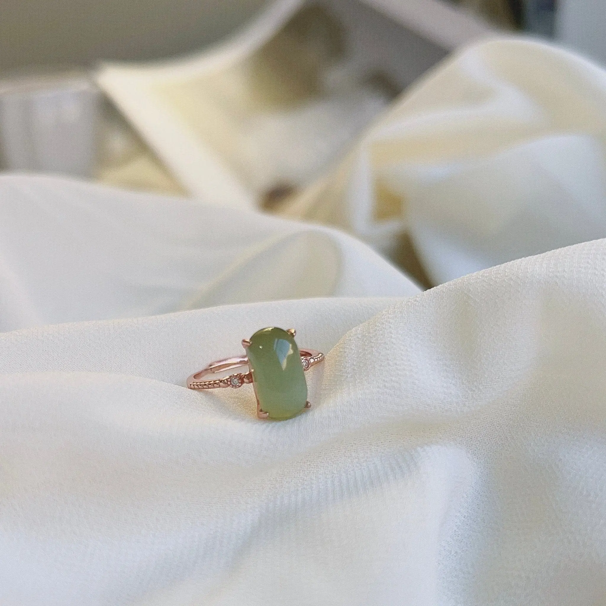 Cat Eye Hetian Jade Ring, Rectangle Natural Nephrite with Gold Plated Silver Band