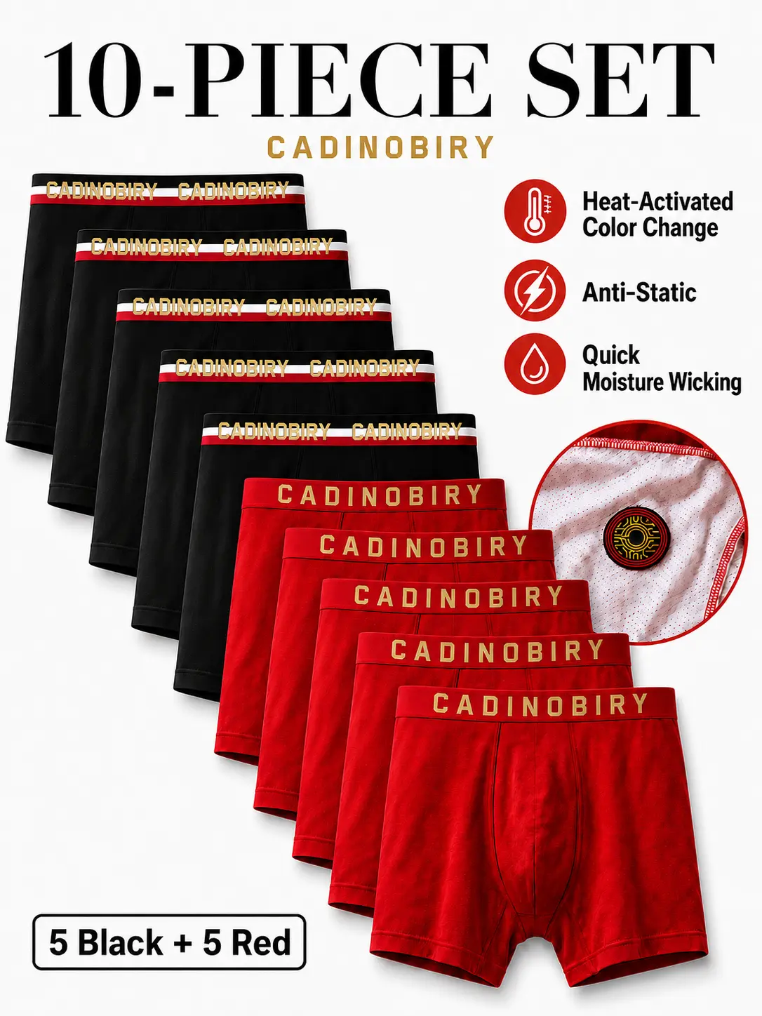 Men's Mid Waist Boxer Briefs 10-Piece (5 Black + 5 Red) - Soft, Breathable, Moisture-Wicking, Anti-Static, Thermochromic Color-Changing Casual Daily Underwear with Thermochromic Cushion, 10Piece(5Black+5Red), Menswear