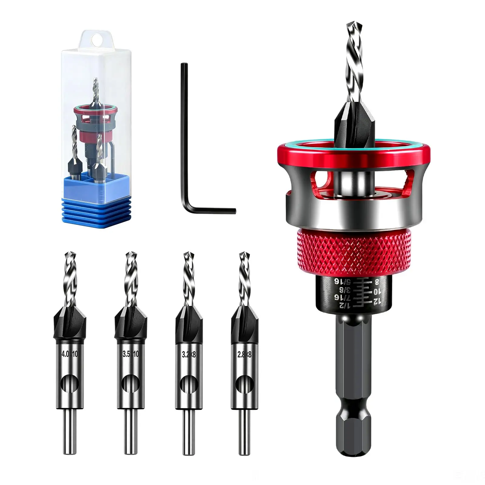 4PCS HCS Steel 4-Blade Countersink Drill Bit Set with Depth Adjust Stop, L-Shape Wrench, Tool Included for Woodworkers' Precision Drilling in Wood/Plastic, Suitable For Wood And Plastic