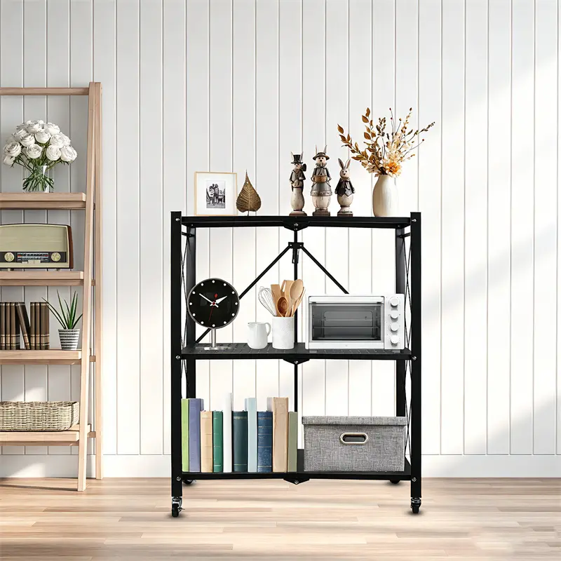 3-Tier Adjustable Metal Wire Shelving Unit - Foldable Cart, Pre-Assembled Kitchen Stand, Rolling Storage Rack with Wheels, 450lbs Max Freestanding Organizer for Garage, Pantry