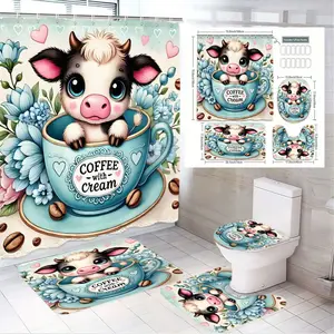 4pcs Cute Cartoon Cow Bathroom Decor Set, Whimsical Shower Curtain, Bath Mat, Toilet Seat Cover & Rug, The floor mat fabric is thicker and softer! Coffee Teacup Design, Floral Accents