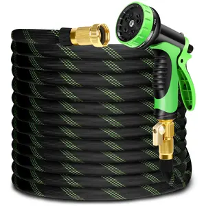 100FT Heavy-Duty Expandable Garden Hose with 10-Function High-Pressure Spray Nozzle, 3/4 Solid Brass Fittings, Leakproof Design, Durable Rubber Material, Perfect for Cleaning, Forestry, and Gardening