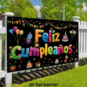 1pc 2D Flat Spanish Feliz Cumpleaños Party Decorations Banner, Black & Golden Balloons Print, Cake, Gifts & Firecracker Design, White Textile Photo Background for Adult Birthday Decor, Party Decorations Banners