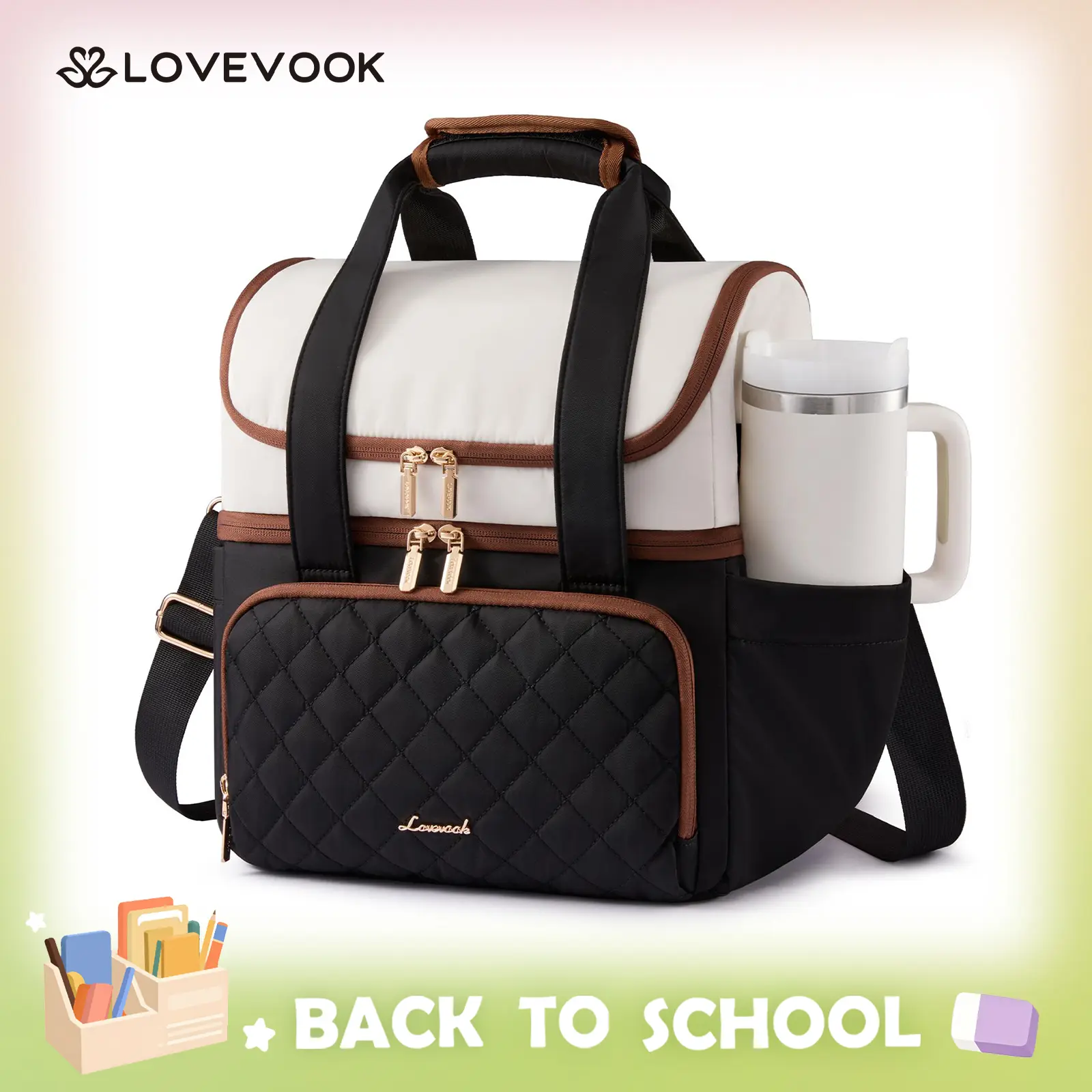 LOVEVOOK Insulated Lunch Bag For Women,Large Double Deck Adult Lunch Box,Teacher Lunch Tote Bag With Cup Holder,Leakproof Cooler Bag With Adjustable Shoulder Strap For Work Picnic Beach,Larger 15L