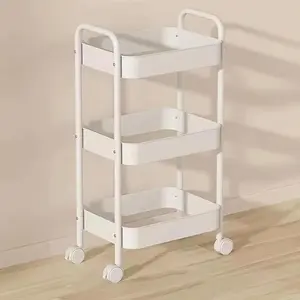 3-tier metal wheeled storage cart—kitchen storage cart, bathroom wheeled cart, with casters, suitable for narrow spaces and bedside use, available in pink and white.