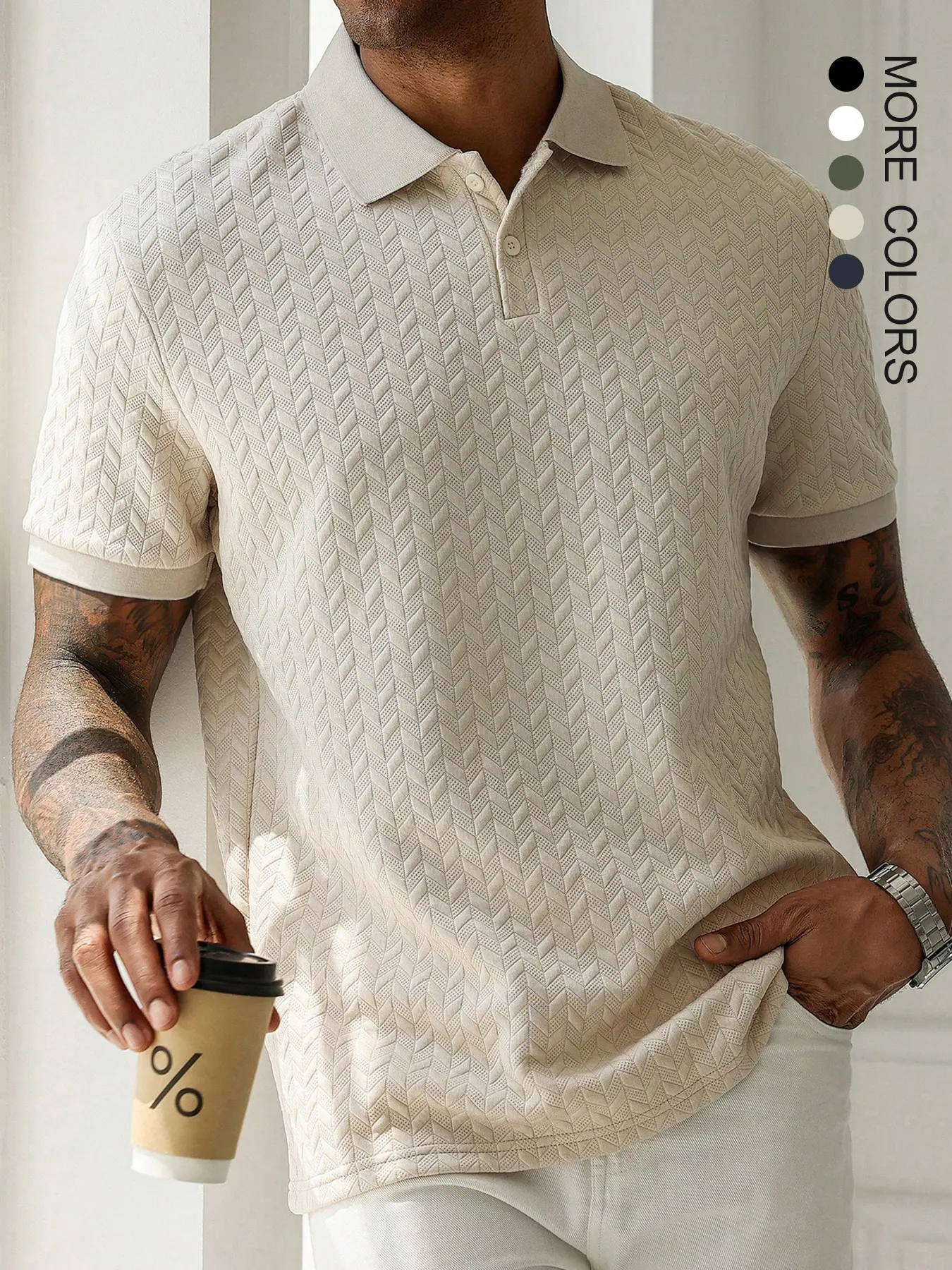 Father's Day Gift，Men's Classic Fitted Textured Striped Polo Shirt, Casual Short Sleeve Button Front Top for Summer, Fashion Men's Clothes for Daily Wear, Understated Elegance