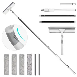 2-in-1 Rotatable Squeegee Window Cleaner with Extension Pole - Window Cleaning Kit for Homes Cars & High Windows Includes 4 Pads 2 Squeegee Blades Easy Cleaning Double Sided Scrubber