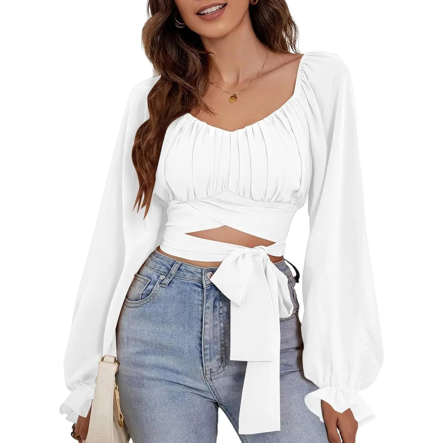 Women's Ruched Square Neck Crop Top - Cute Cotton Blend Self-Tie Shirt with Flounce Long Sleeves for Going Out & OOTD Ideas, Shirts For Women, Long Sleeve Tops, Casual Business Top, Classy Tops