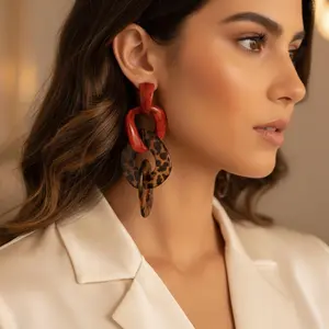 Bold Red & Leopard Print Acrylic Dangle Earrings for Women Lightweight Resin Geometric Link Drop Earrings Trendy Statement Jewelry Gift