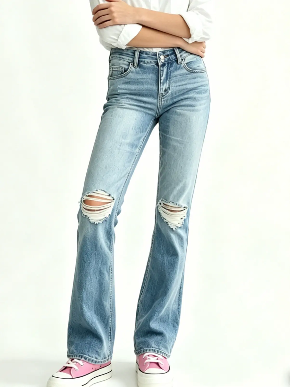 Women's Vintage Stretch Front Ripped Cuffed Jeans - Comfortable Fit, Classic Style, Everyday Wear | Womenswear Bottoms