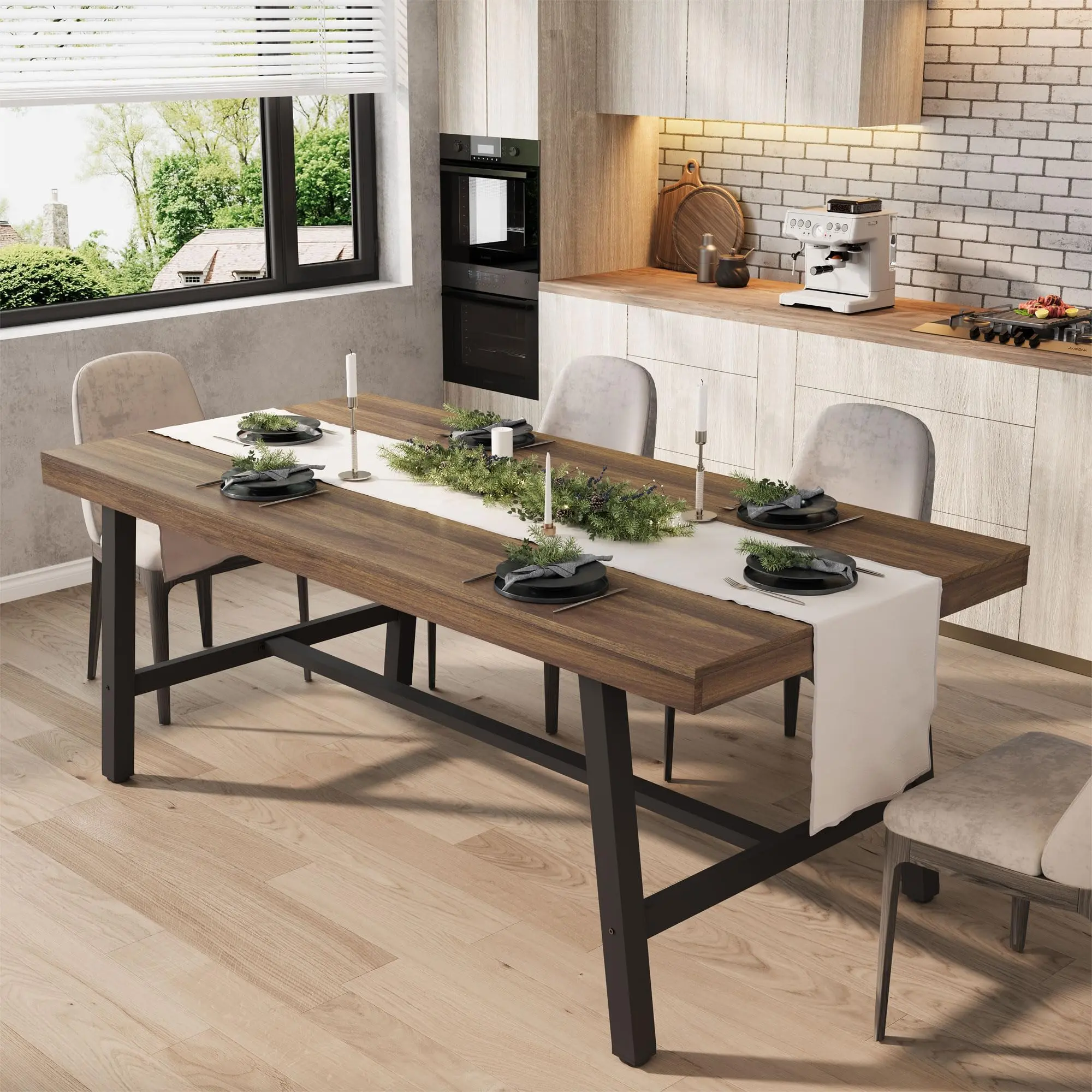 Garvee 70.87 Industrial Dining Table for 6-8 People, Rustic Brown Wooden Kitchen Table Featuring a Sturdy Metal Frame, Perfect for Spacious Dining Areas and Stylish Home Interiors