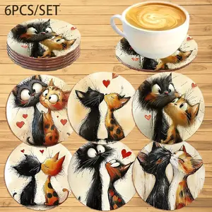 ☕ Cute Cat Wood Coasters Set of 6 - Aesthetic Couple Design for Coffee Lovers - Heat Insulation Pad for Kitchen Counter Tea Party - Rustic Home Decor Accessories