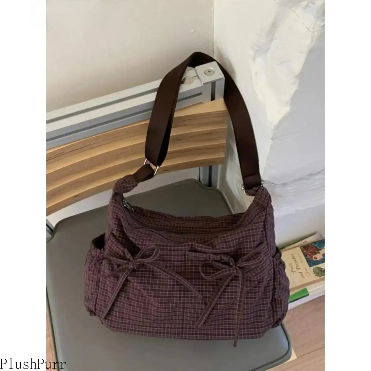 Women’s Plaid Bow Shoulder Bag - Soft Lightweight Crossbody Purse, Roomy Messenger Gym Bag for Daily Use, Shopping (Valentine’s Day Holiday Gift), Shoulder Bags, Purse Shoulder Bag tiktokshopspringglowup,summervibes tiktokshopbacktoschool