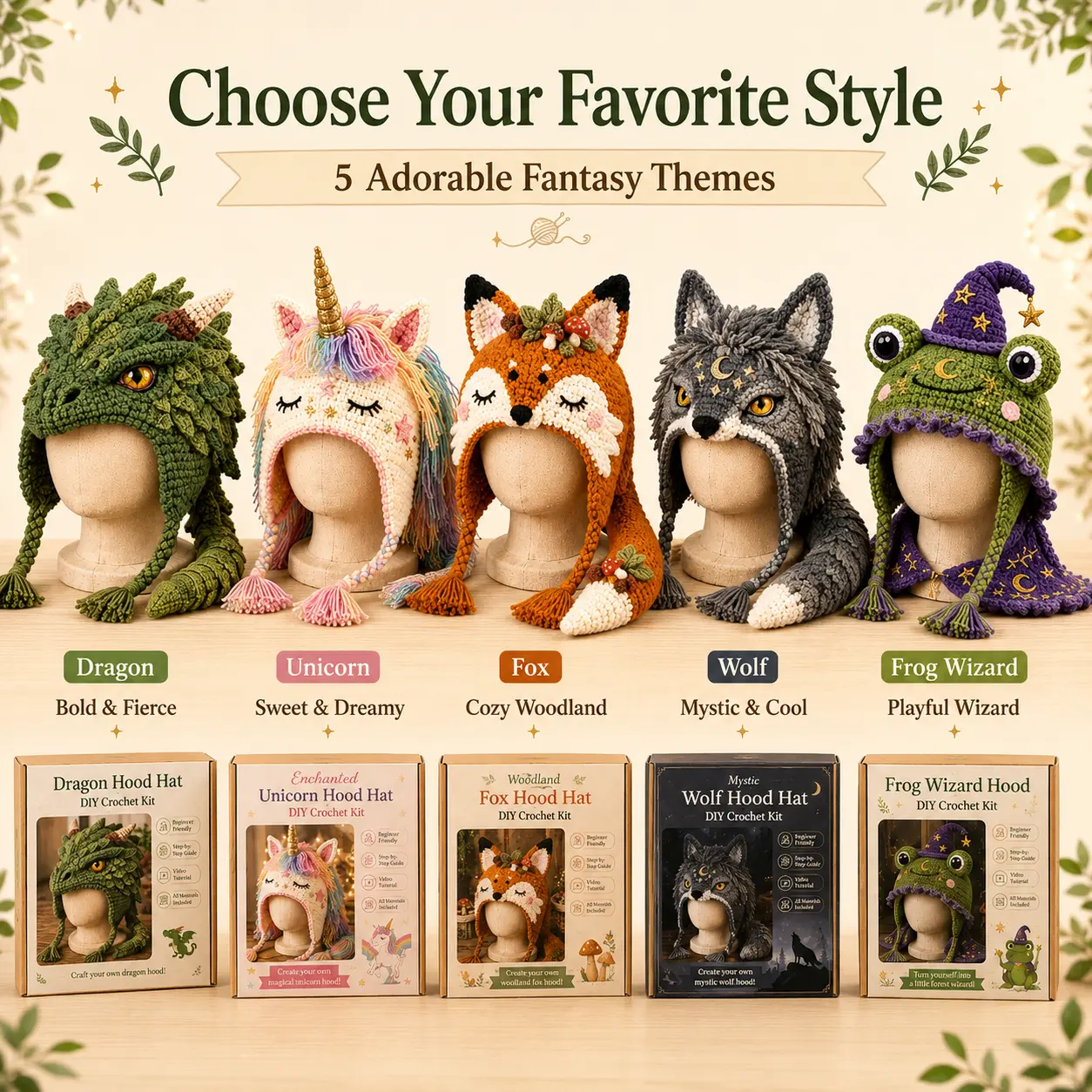 Cute fantasy character knitted hat, handmade crocheted dragon, unicorn, fox, wolf, frog, wizard party for adults, unique and whimsical