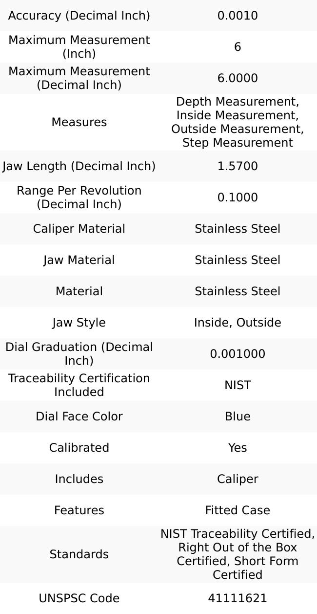 SPI Dial Caliper, 6'' Range, 0.001'' Graduation, 0.1'' per Revolution, 1.57'' Jaw Length, Blue Face, 0.001" acc., Model CMS160725033