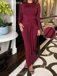 2026 Spring Summer European Style Long Dress, Slim Fit Plain Color, Round Neck Long Sleeve, Shoulder Padded, Sexy Design, All Seasons