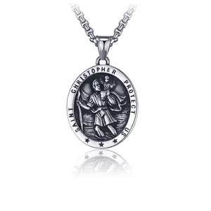 Saint Christopher Protect Us Pendant Necklace, Premium Stainless Steel Byzantine Design, Fashion Religious Jewelry for Everyday Look, Exquisite Gift for Men & Women