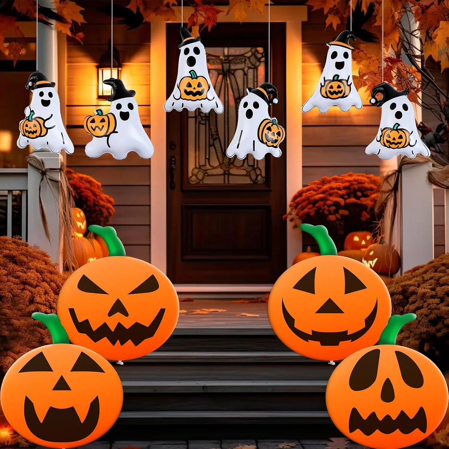 10 PCS 16 Inch, 9 Inch Halloween Inflatable Balloons Inflatable Halloween Pumpkin Ghost Decorations PVC Large Pumpkin Balloons for Haunted House Horror Party Yard Garden Home Decor
