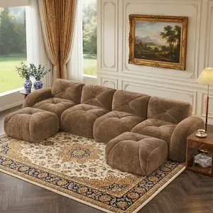 Eyisean 140'' Boneless Couch with Tufted, 32D High Density Sponge, U Shaped Sectional Couches For Living Room, 4 Seater Cloud Couch with Ottoman, Retro Velvet Floor Sofa for Bedroom, No Assembly Required