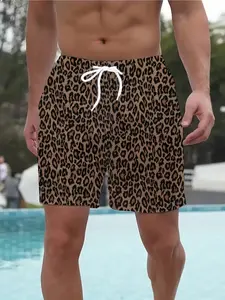 Men's Leopard Print Summer Vacation Beach Pants, Adjustable Drawstring Waist, Casual Fitted Style for Beach & Summer Outings, Swim Trunks, Swim Shorts, Swimming Shorts, Summer Swim Bottoms, Swimwear Shorts