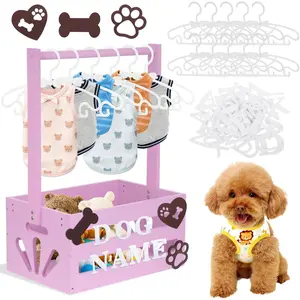 Wooden Pet Wardrobe Closet Toy Basket Box with Hanging Rods Personalized Pet Alphabet Letters Easy Assembly Baskets Dog Toy Box for Dog Cat Toys Clothes Organization Storage Accessories, Pink