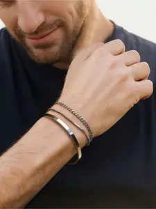 3pcs/Set Stainless Steel Wrist Silver C-Shape Adjustable Bangle Bracelet with Chain Suit, Simple & Fashionable Accessory for Men, Suitable for Father's Day, Valentine's Day, Dates, Boyfriend Birthday Gift Valentines, Stainless Steel Bracelets