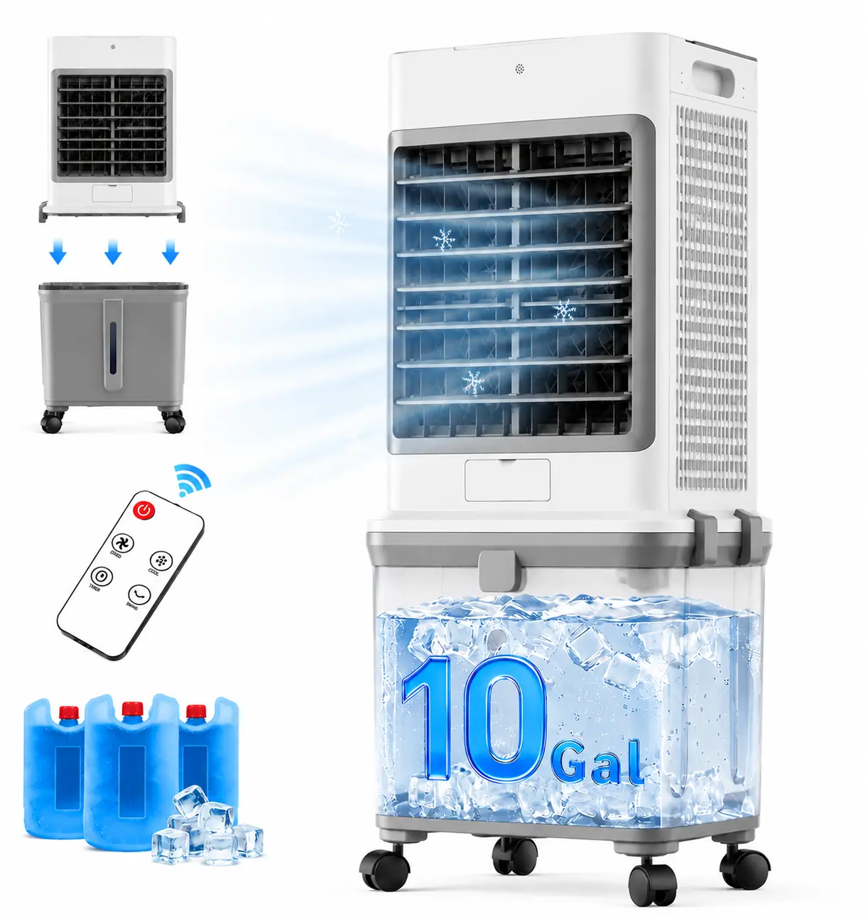 Portable Aircon Compact Cooling Fan, 2026 Upgraded Windowless Evaporative Swamp Cooler - 10GAL Detachable Water Tank, 120° Oscillation, 30db Noise Level, Silent Mode, 30-Hour Cooling, Timer, Remote, for Small Spaces, 30-Day Free Returns