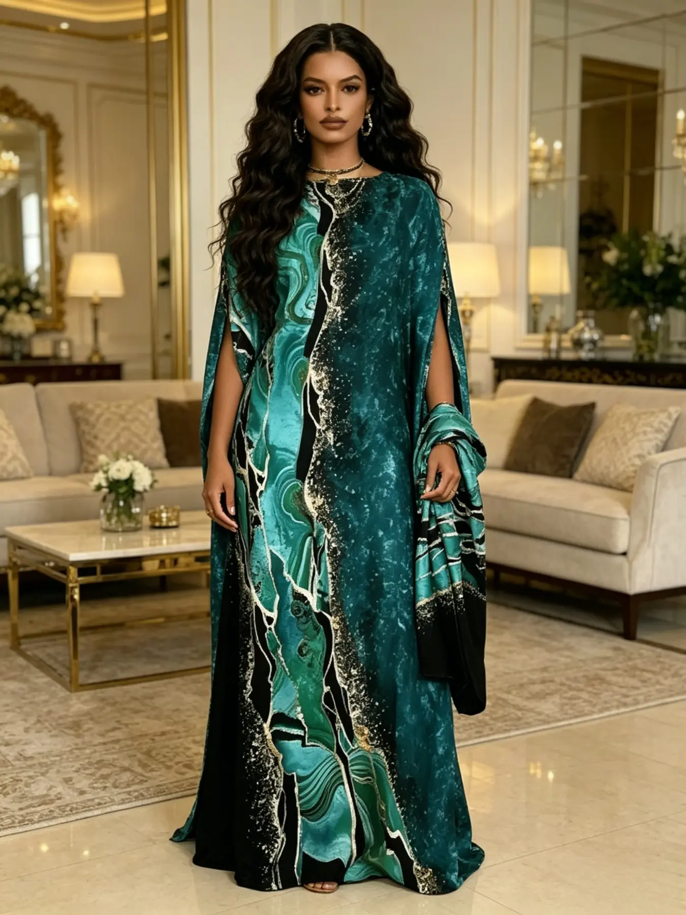 1 Robe+1 Scarf Peacock Green Marble Pattern Printed Robe Dress Set, Classy Modest Dresses, Large Ship Collar Loose Flesh Covering Long Dress Muslim Vacation/Daily Slimming Two Piece Set Modest Summer Outfit