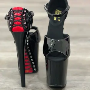8" Heels for Professional Pole Dancers - Black with Red Accent and Stud Detailing