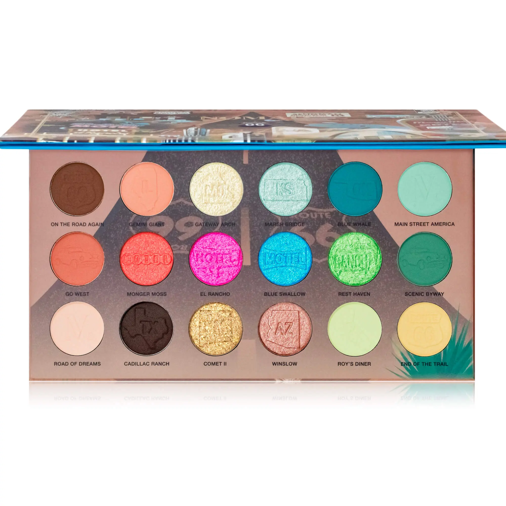 America's Route 66 Eyeshadow Palette - 18 Vibrant Easy To Blend Shades - Cruelty Free Makeup