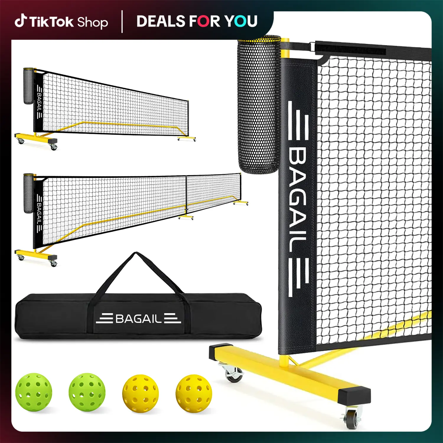 【SummerSale】BAGAIL Portable Pickleball Net Set with Wheels, 22 FT Regulation Size & 11 FT Half Court Size 2-in-1 Pickle Ball Net with Ball Collector, Carry Bag, 4 Pickle Balls, Easy Setup for Outdoor Indoor Tennis Men Game Racket Protector outdoorfu