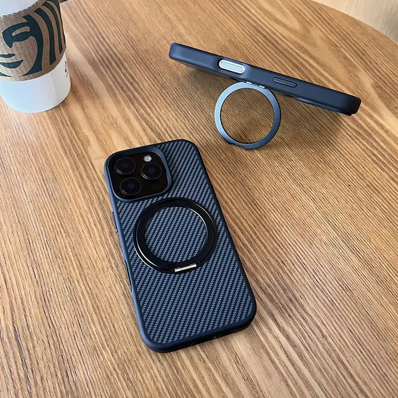 Carbon Fiber Texture MagSafe Magnetic Smartphone Casing - 360° Rotatable Ring Kickstand, Anti-Scratch, Slim Shockproof Cover for iPhone 12-17 Pro Max, Lightweight Handheld Cellphone Devices Protector