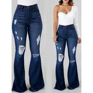 Comfortable High-Waist Ripped Flare Jeans - Women's Stretch Denim Bell Bottoms with All-Season Wear (Plus Size) Cotton Womenswear
