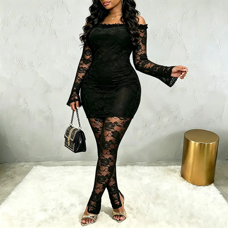 Lace Off Shoulder Dress Top and Leggings Set Black Color Bell Sleeve Birthday Sexy Outfits for Lace Off Shoulder Dress Top and Leggings Set Black Color Bell Sleeve Birthday Sexy Outfits for