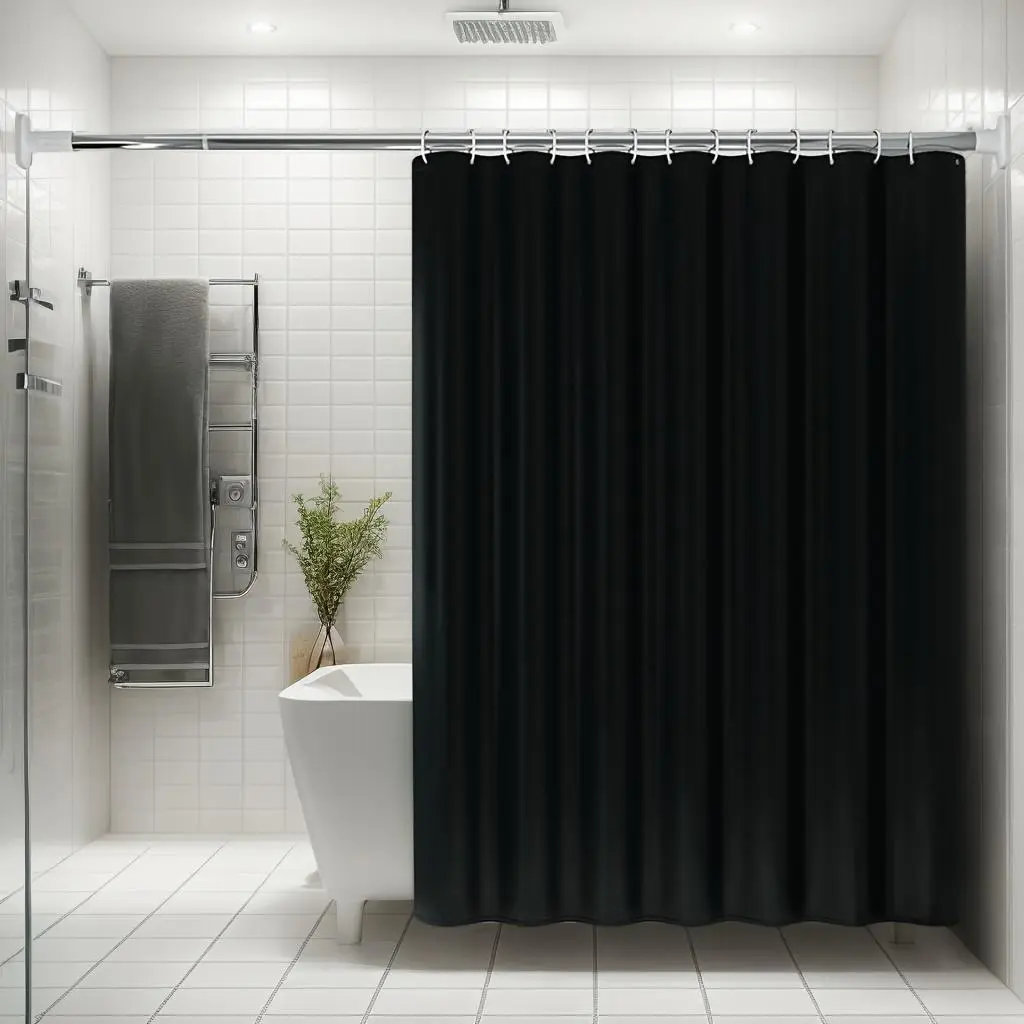 Minimalist Pure Black Shower Curtain - Stylish Bathroom Partition Curtain with Hooks for Home or Hotel Use 72x72inch