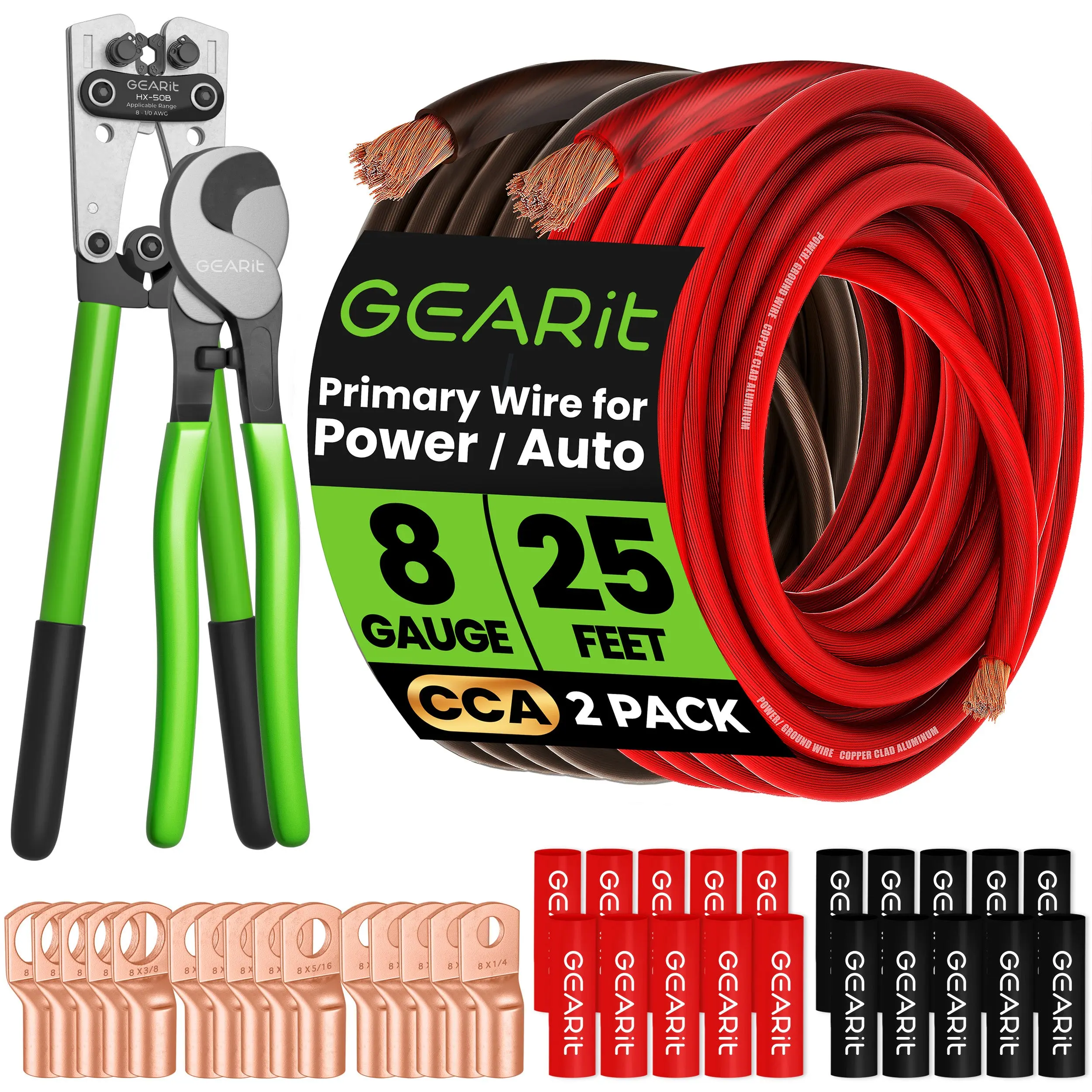 GEARit 8 Gauge CCA Copper Heavy Wire & Cable Kit Set - 25 ft Black & Red Ground Wire with Crimper, Cutter, Lugs, Heat Shrink (for Home Improvement Lighting & Electrical Equipment)